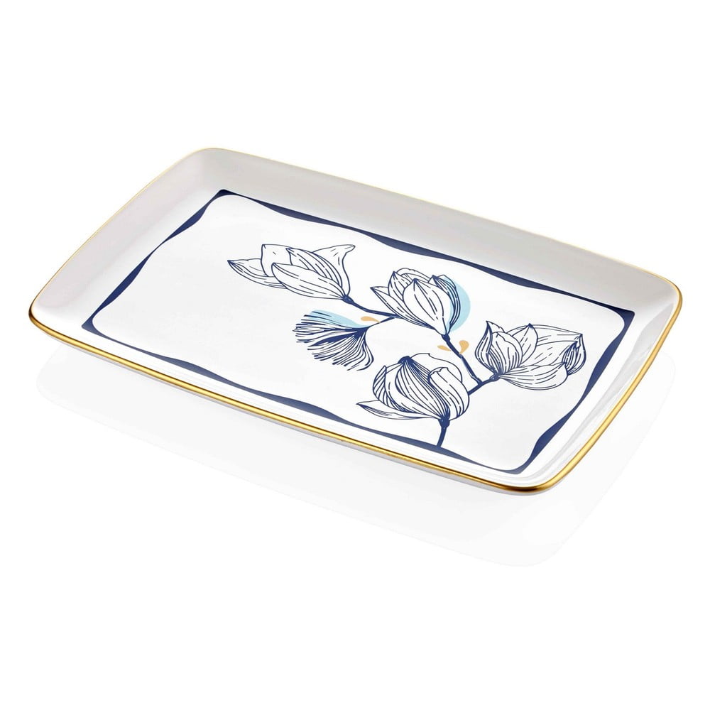 Farfurie din porțelan pentru servire cu model de flori albastre Mia Bleu, 34 x 25 cm, alb