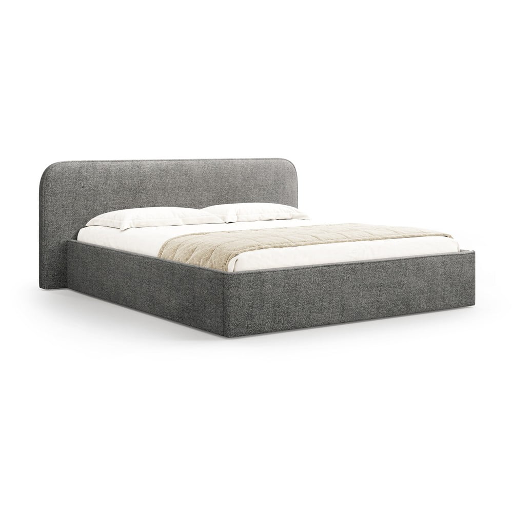 Pat matrimonial gri închis tapițat cu spațiu de depozitare cu somieră 200x200 cm Elizabeth – Micadoni