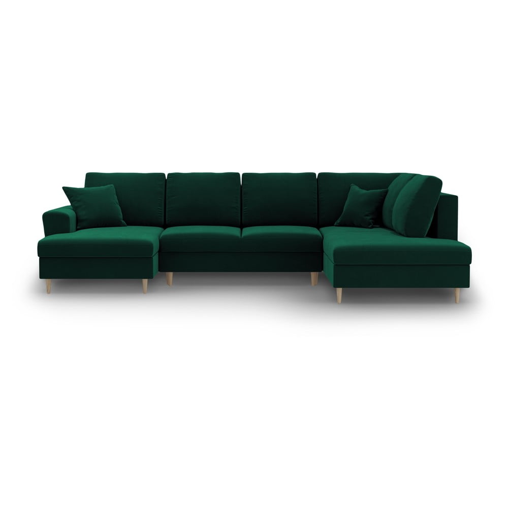 Colțar verde extensibil, cu spațiu de depozitare cu tapițerie din catifea (cu colț pe partea dreaptă-în formă de 