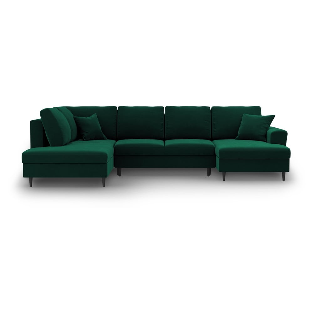 Colțar verde extensibil, cu spațiu de depozitare cu tapițerie din catifea (cu colț pe partea stângă-în formă de 