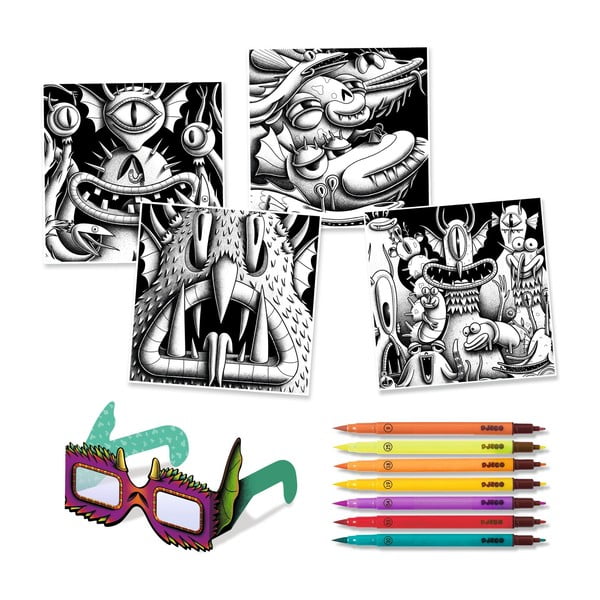 Set artistic cu 7 markere și ochelari 3D Djeco Monster