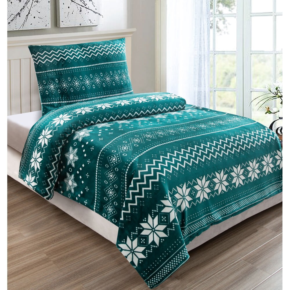 Lenjerie din micropluș pentru pat de o persoană My House Snowflakes, 140 x 200 cm, verde 140 imagine noua somnexpo.ro