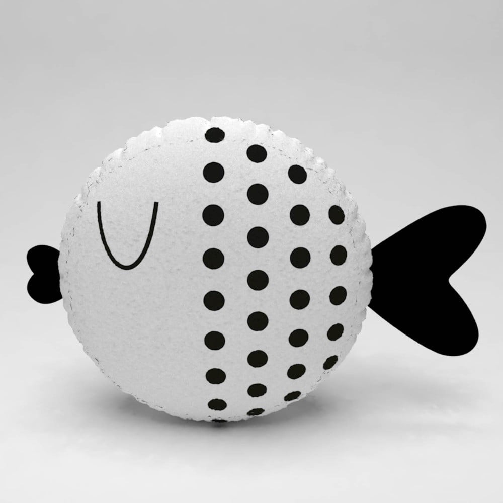 Pernă în formă de pește Fish Dots, ⌀ 32 cm, alb-negru