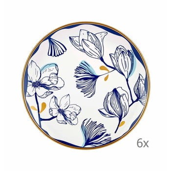 Set 6 farfurii din porțelan pentru desert cu model de flori albastre mia bleu pasta, ⌀ 19 cm, alb